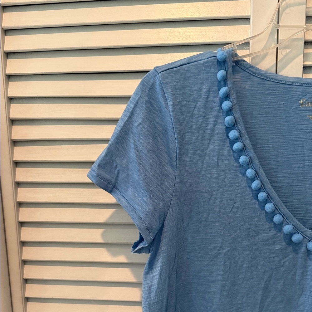 Lilly Pulitzer Light Blue Pom-Pom V-Neck Tee - Picture 5 of 8